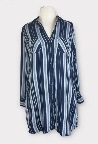 Merona  | Striped Navy Gray Vertical Stripe Long Sleeve Shirt Dress | Small