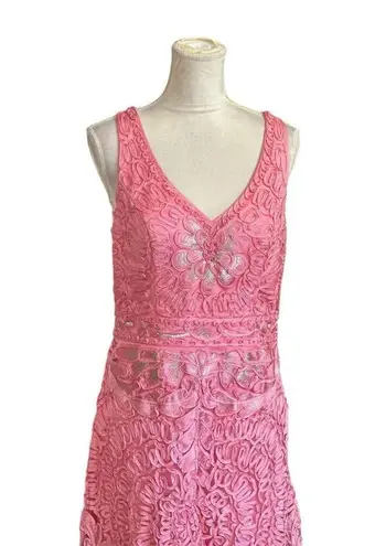 Sue Wong Cocktail Dress Sz 12 Lace Pink Floral Geometric Glam Shimmering FLAW