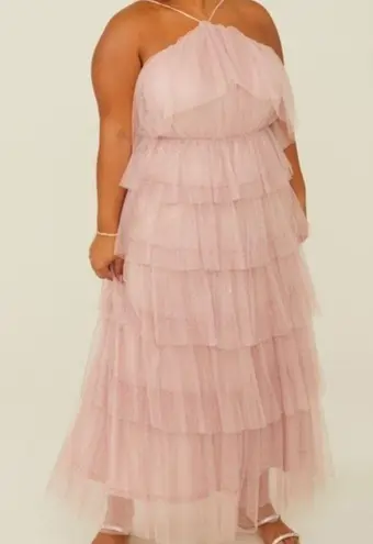 Arula Pink & Silver Speckled Glitter Halted Tulle Tiered Maxi Dress.