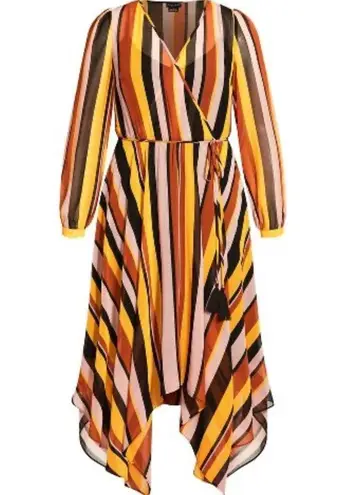 City Chic Dress Gold Stripe Multicolored Maxi Sz 22W NWT V Neck Asymmetrical Hem