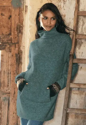 Peruvian Connection Balie Alpaca Cream Women's Tunic Sweater Cozy Mock Neck L