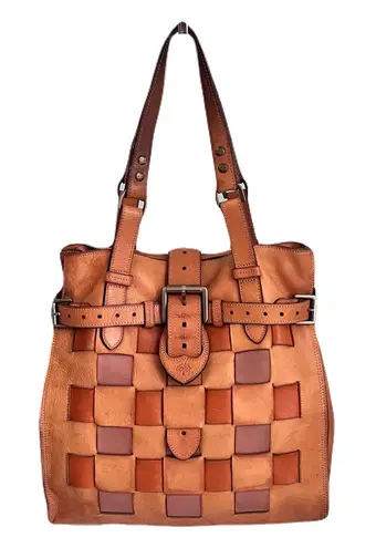 Vintage Mulberry Tonal Cognac Brown Leather Woven ‘Elgin’ Western Tote Bag