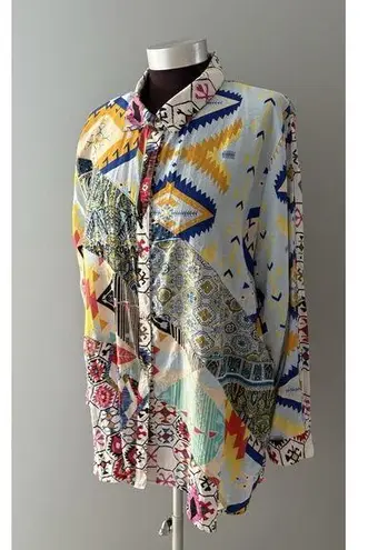 Calessa Top Size 1X Multicolor Aztec Button Front Southwestern Abstract Roll Tab Blue
