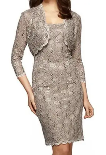 Alex Evenings Champagne Lace Sequin Two Piece Jacket Sleeveless Dress Size 8P
