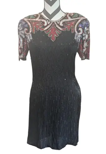 Scala Vintage Beaded Silk Dress Black Multi-Color Sequin Cocktail Gown
