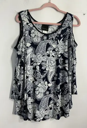 Womans Lavender Sky Blouse XL Blue White Floral Peek A Boo Sleeves Flowy