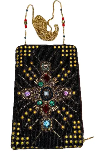 Mary Frances Brown Gold Beaded Cross Phone Bag Handbag Purse Crossbody Clutch