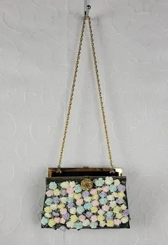 Andé Womens Clutch Bag Green Croc Embossed Pastel Floral Applique Gold Chain