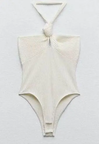 ZARA White Ribbed Halter Bodysuit Size Large