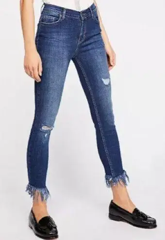 Free People Blue Great Heights Frayed Hem Distressed Skinny Straight Leg Jeans