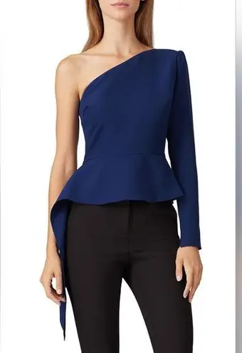 Rtr sz4 Christian Siriano Navy Peplum Drape Top One shoulder elegant blouse Blue Size 4