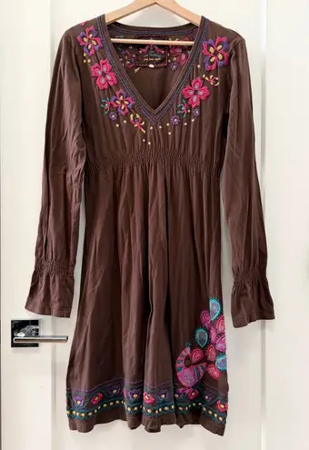 Johnny Was Y2K Retro Boho Brown Embroidered Floral Baby Doll Y2K Dress Size L