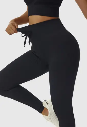 Ribbed Tie Front Seamless Leggings S Black