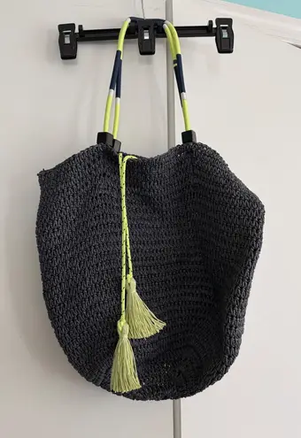 J.Crew Gray Woven Straw Tote Bag with Neon Green Trim Summer Beach
