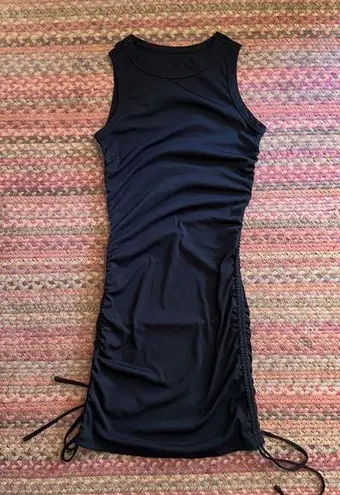 BLACK BASIC RIBBED RUCHED TIE BOTTOM TANK DRESS