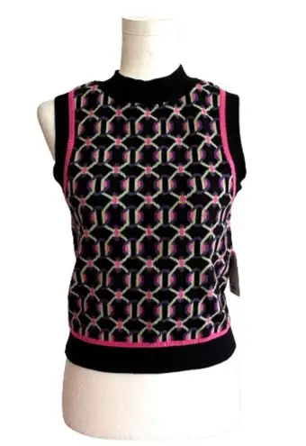 SO  Retro Sweater Vest Preppy Black Fuchsia Crop High Neck Vest Junior Medium NEW