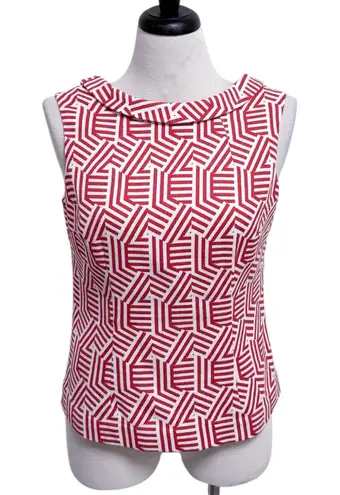 Boden Red Off White Geometric Sleeveless Flap Neck Woven Fit Flare Martha Top 10