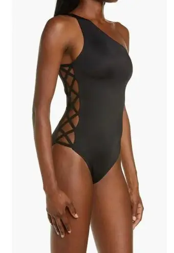 Norma Kamali X Mio One-Shoulder One-Piece Swimsuit Small Cross Black Side NWT
