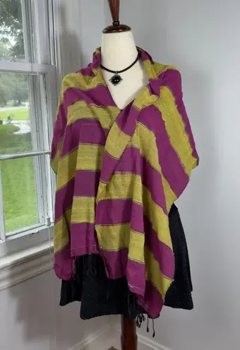 Vintage Mustard Yellow and Pink Striped Scarf with Black Fringe Boho Chic Hippie
