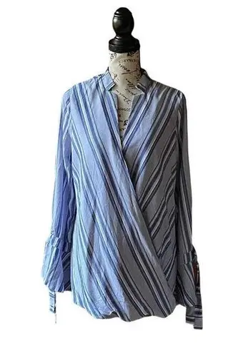 Fourteenth Place Womens Blue Wrap Surplice Tunic Blouse M boho nautical preppy