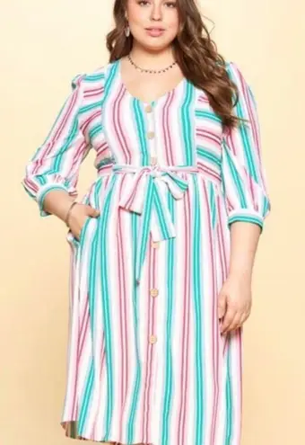 Curtsy Oddy Multi Stripe Belted Button Down Midi Dress Size XL New with Tags from Laronda