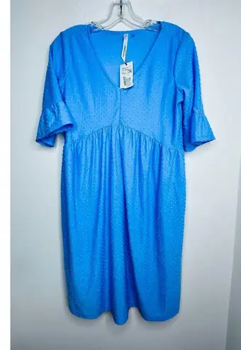 Ny Collection Swiss Dot Dress Medium Blue V-Neck Empire Waist Bell Sleeve NWT