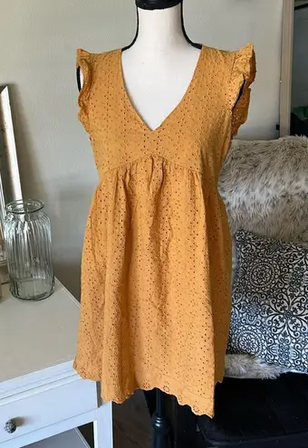 Knox Rose  mustard yellow babydoll cottage Eyelet ruffle sleeveless mini dress XS