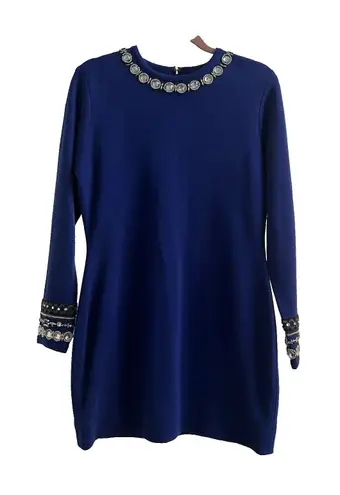 Vintage Cerulean Blue Paillette Gem Embellished Knit Dress Festive Holiday Sz M Size M