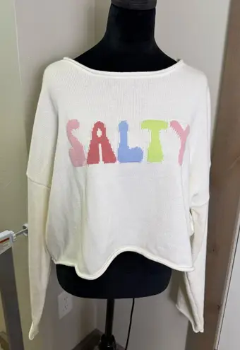 Moon & Madison Cropped Sweater Salty Bubble Letter Graphic Knit Long Sleeve XL White