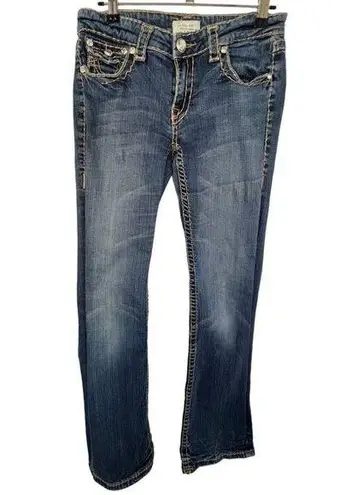 LA Idol Mid Rise Boot Cut Denim Jeans With Jewels and Brown Threading Blue Size undefined