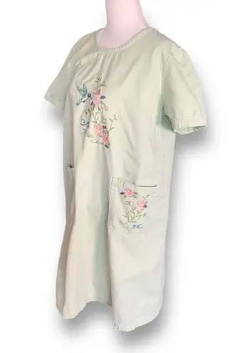 Vintage 90s Embroidered Dress Pistachio Green Lightweight Denim Floral Midi Green