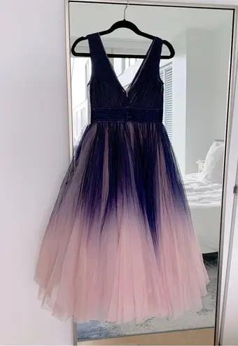 Mac Duggal Pleated Bodice Ombré Sleeveless V Neck Midi Dress