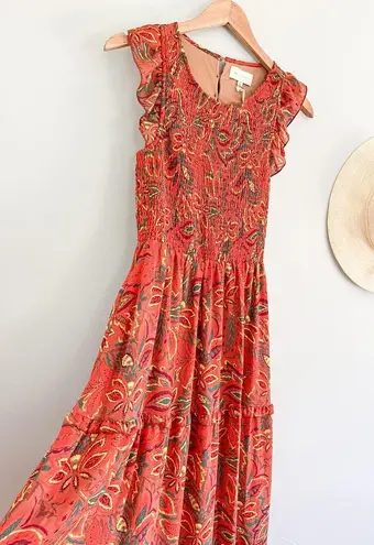 MELLODAY | Smocked Floral Sleeveless Maxi Dress | Orange Mustard Palm | Sz XS