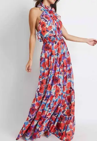 PATBO Violet Floral Flutter Halter Style Maxi Dress Size US 8 Cherry