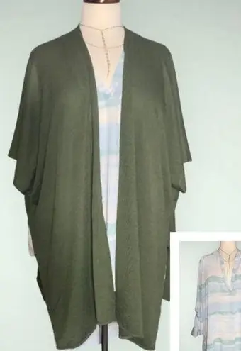 Tru Self Pastel Watercolor Loose Tunic Tab Sleeves V-Neck & Olive Green Kimono 1X