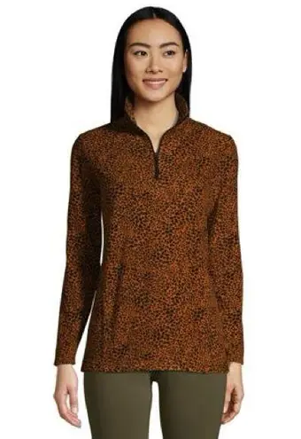 Lands’ End Women's Fleece Quarter Zip Pullover Size Large Burnt Caramel Leopard Orange