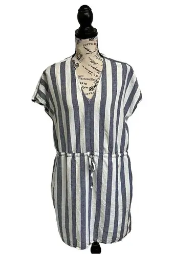 Rails Wren Vertical Stripe Dress L Blue White Mini Summer Linen Blend Sporty