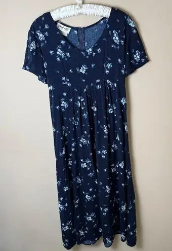 Byer California Vintage Byer Too Midi Dress Womens Small Medium 6 Navy Floral Empire Waist 90s