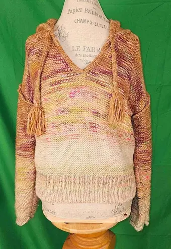Pilcro Anthropologie Womens Brown Pink Fringe Knit Hoodie Sweater Small Brown
