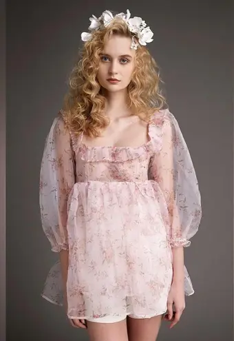 J.ING Jing Pink Floral Organza Dreamy Tunic Blouse Top Size Small NWT