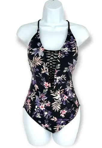 Ambrielle | NWT | Medium | One Piece Swimsuit Black Pink Silver Floral Pattern