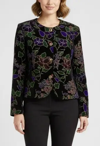 Vintage Black Gold Metallic Velvet Colorful Floral Evening Blazer Size SMALL