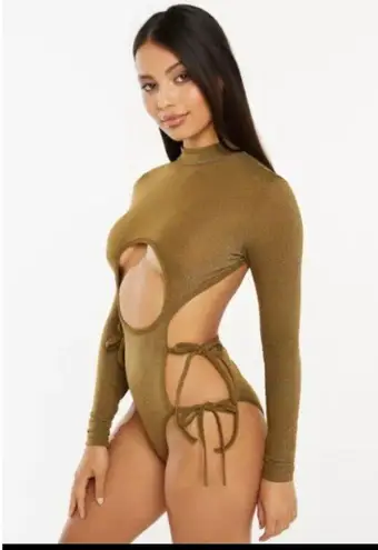 Savage X Fenty Bodysuit Green Shine Strapy Teddy Thong Mock Neck Size M