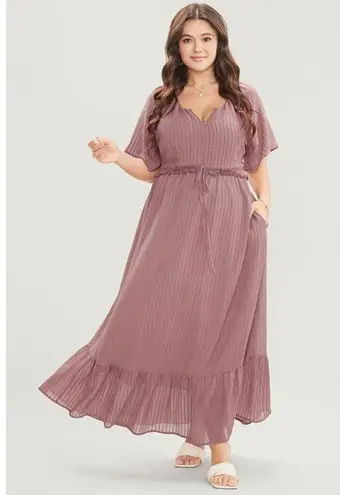 Bloomchic Solid Striped Notched Ties Up Pocket Flutter Maxi Dress Pink 18