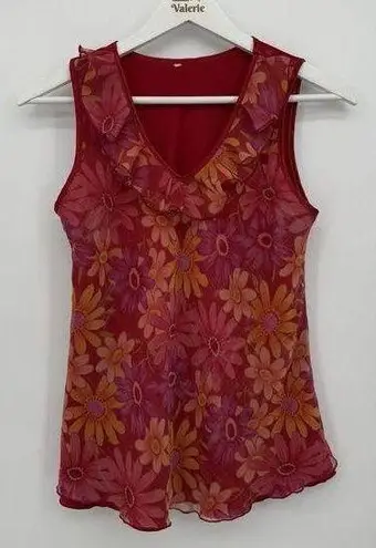 Unbranded Y2k Floral Pink & Orange Ruffle Tank Top Size XS