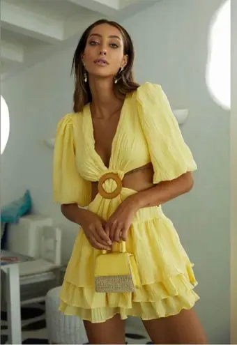 Beulah Womens Yellow Ruffled Tie Front Puff Sleeve Mini Dress