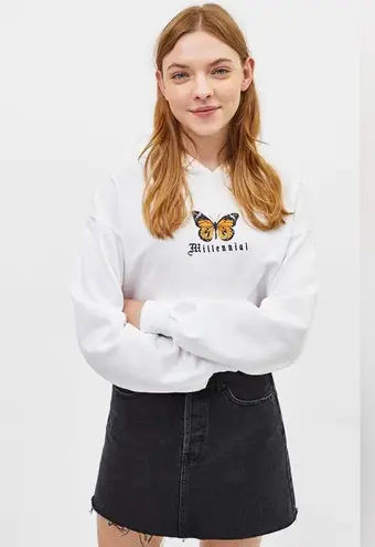 Bershka Butterfly Embroidered Cropped Hoodie