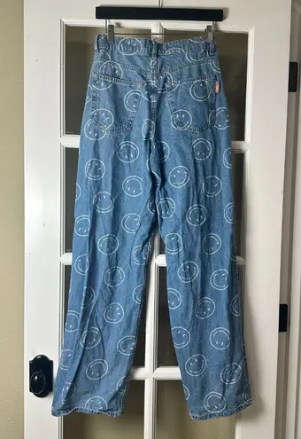 H&M x SMILEY Wide Leg Denim Jeans with Smiley Faces Size 2 Blue
