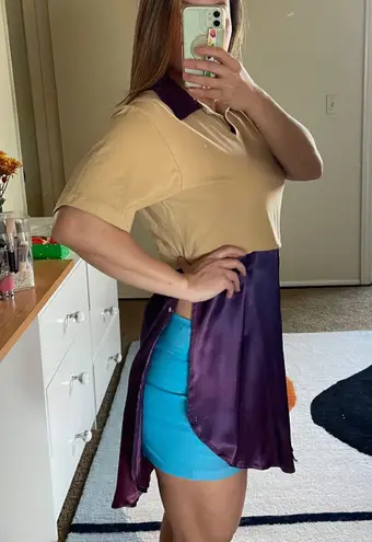 Beige cotton purple satin colorblock collared mini dress tunic size M medium Multiple