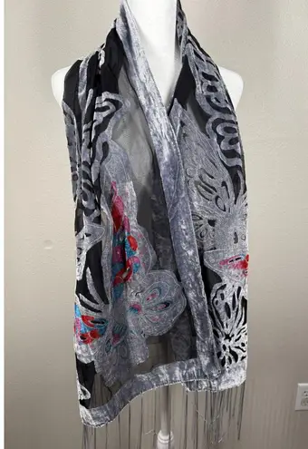 Unbranded Velvet Burnout Butterfly Scarf Boho Fairy Whimsigoth Fringe Gray